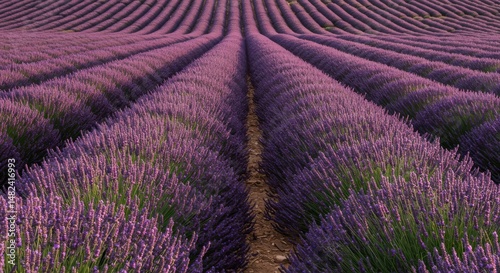 Vibrant lavender fields stretching across rolling hills under a clear blue sky