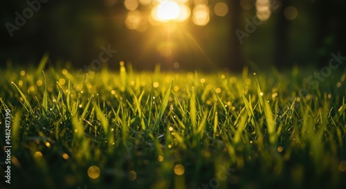 Close-up of dew-covered grass blades glistening in morning sunlight, serene nature