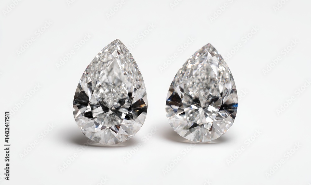 Two pear-shaped diamonds, brilliant cut, faceted, high-quality gemstones, radiant light reflection, close-up Two pear-shaped diamonds, brilliant cut, faceted, high-quality gemstones, radiant light reflection, close-up