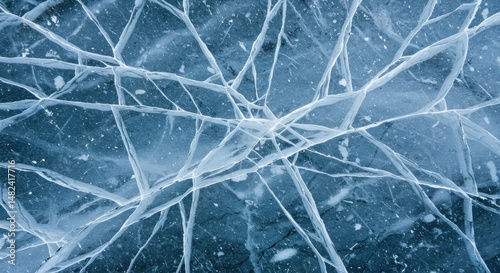 Cracked Ice Surface with Intricate Patterns and Frozen Bubbles Beneath