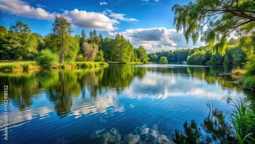 A serene lake with calm water surrounded by lush greenery and a few trees in the background , serenity, tranquility