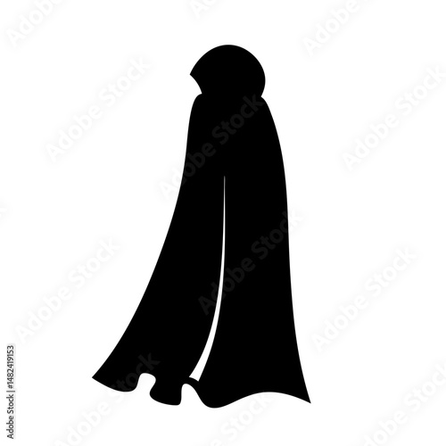Silhouette of a mysterious hooded figure in a long flowing cloak
