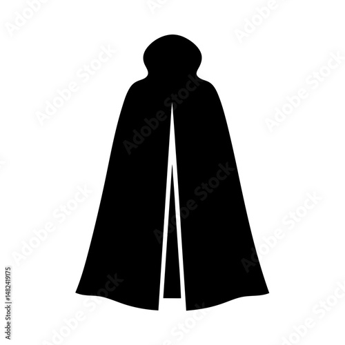 Dramatic cloaked figure silhouette against a white background exudes mystery and intrigue