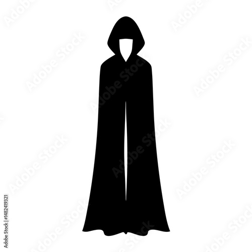 Cloaked figure standing mysteriously, a spectral presence in the dark artwork