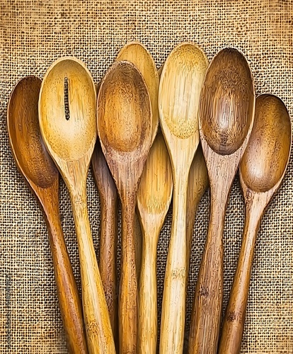 Rustic Kitchen: Collection of Wooden Spoons on Burlap Background