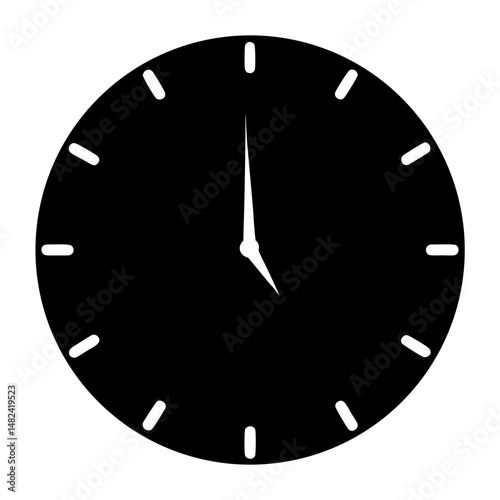 Simple black clock face showing a time near five minutes after eleven