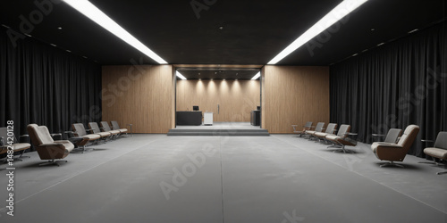 Convertible Theater Space with Hydraulic Stage - Seamless matte floors, retractable modular seating, precision-controlled theater lighting, acoustically optimized walls, an