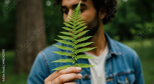 Man holding a fern leaf in a lush green forest, showcasing nature's beauty