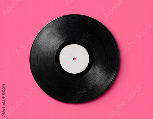 Vintage black vinyl record on pink background.  Close-up, top view