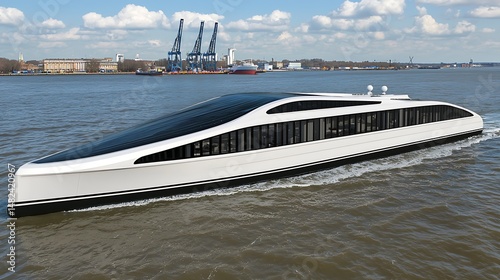 Sleek White Vessel Navigating Industrial Waterfront