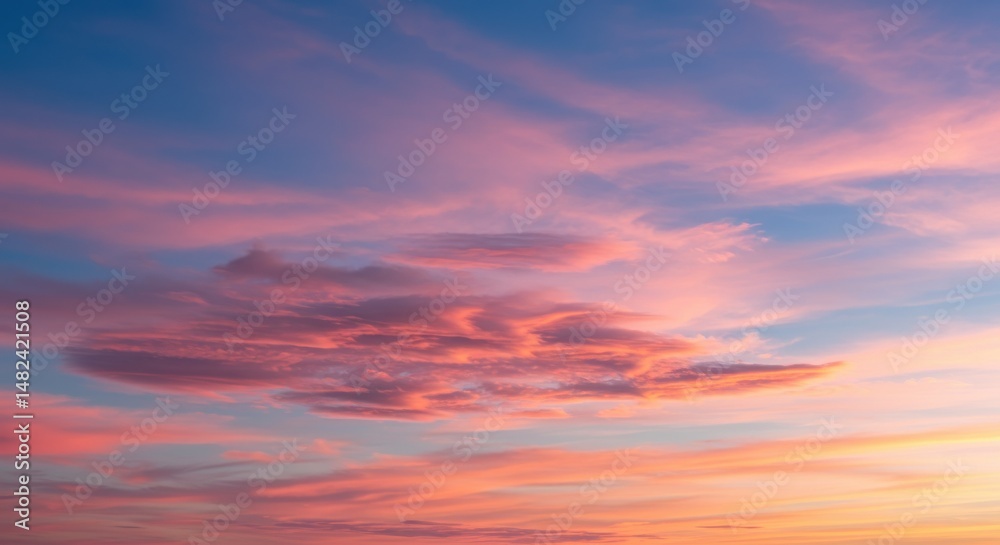 Vibrant sunset sky with colorful clouds over a serene landscape at dusk Vibrant sunset sky with colorful clouds over a serene landscape at dusk