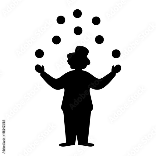 Silhouette of a Juggler in a Top Hat with Seven Balls Aloft