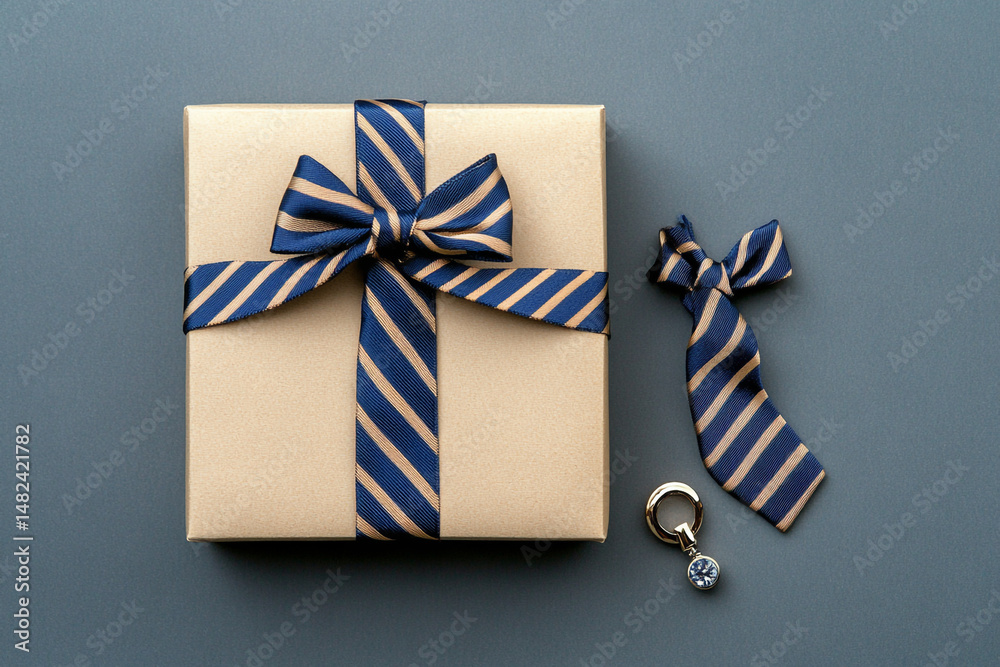 Obraz premium Gift box with striped bow tie and accessory elegant present fathers day