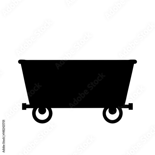Simple black and white silhouette of a vintage mining ore cart
