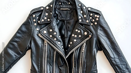 Studded Black Leather Jacket on White Background