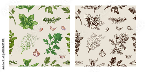 Seamless pattern of culinary herbs and garlic in engraved vintage style, color and monochrome versions included
