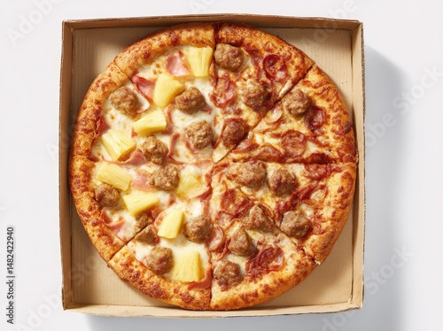 A pizza with a variety of toppings, including pineapple, ham, and meatballs, divided into four quadrants