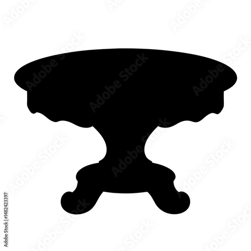 Silhouette of an antique round table with ornate legs and curved rim