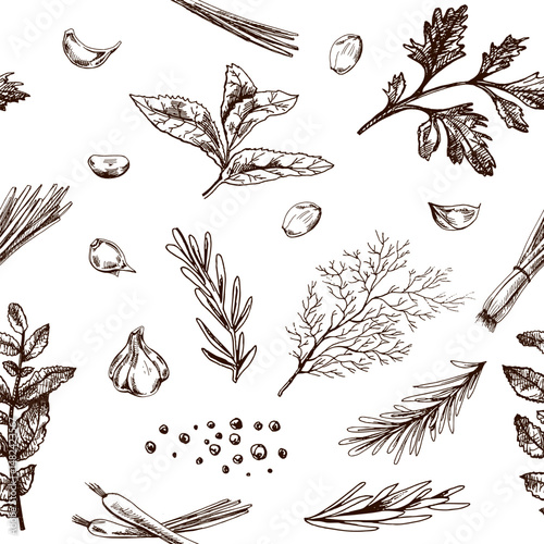 Hand drawn vintage seamless pattern with garlic, herbs, pepper and onion in engraved style