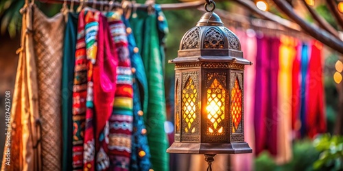 Traditional Arabian lantern with intricate metalwork and colorful fabrics hanging from a wooden post , ornamentalobject, middleeastern