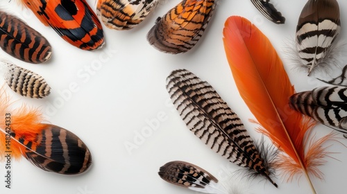 Wallpaper Mural Patterned feathers in focus against clean white background, showcasing earthy browns and blacks Torontodigital.ca