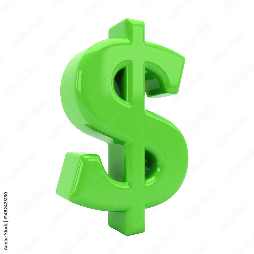 Obraz premium A glossy green dollar sign is isolated on a transparent background, representing finance and wealth