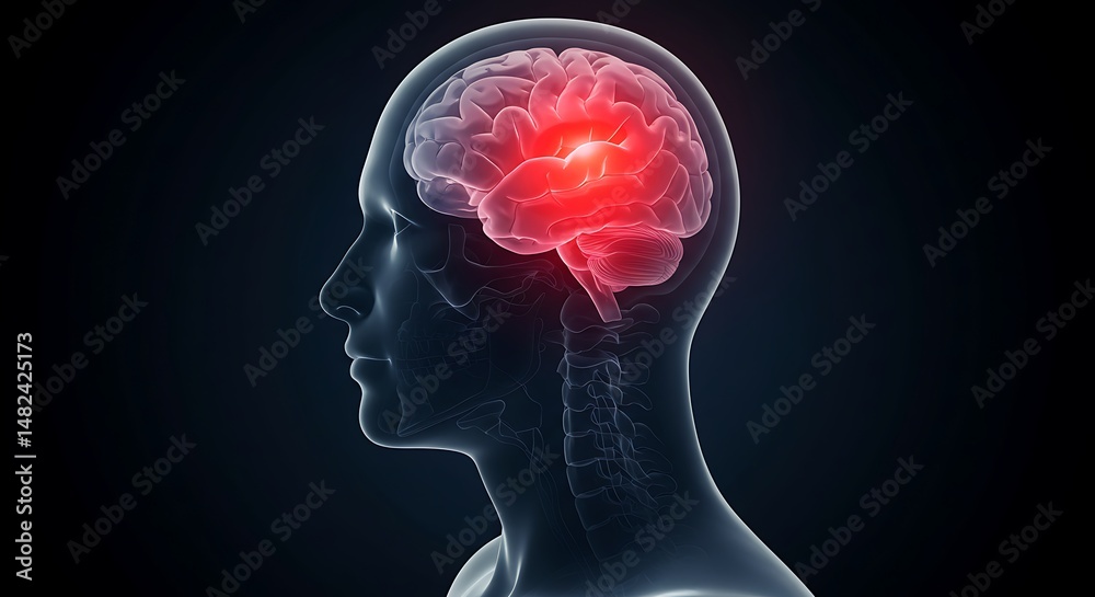 Obraz premium Human Brain Anatomy with Red Highlight Showing Potential Pain or Injury Area