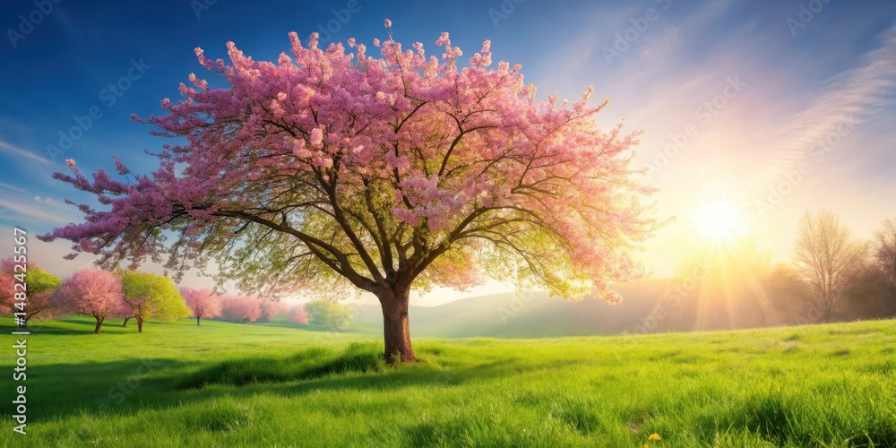Fototapeta premium Spring tree with pink flowers blooming in a green meadow amidst warm sunlight and gentle breeze, blossom, blossoms, blossom