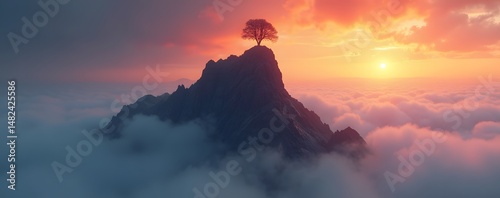 A jagged mesa rises from a sea of rolling fog its peak crowned by a single glowing tree. The sky above burns with the hues of a cosmic dawn.
