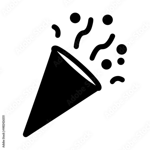 Simple black and white icon of a party popper with confetti