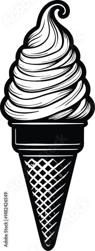Soft white ice cream cone, thin black outline vector silhouette on white background in centre

