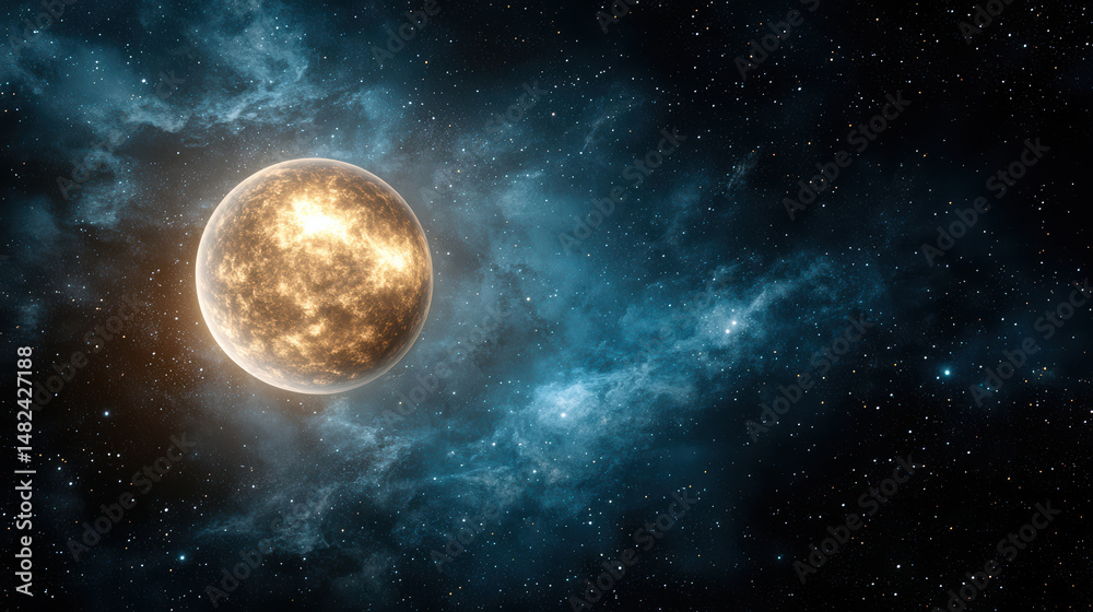 Obraz premium Glowing planet surrounded by cosmic backdrop of stars and nebulae creates serene atmosphere