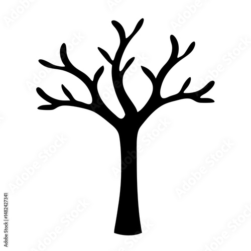 Silhouette of a bare tree with branching limbs against a white background