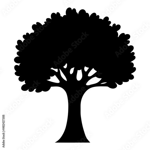 Solid black silhouette of a tree with a full crown of leaves
