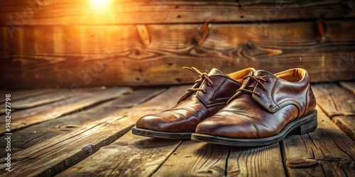 Two old leather shoes stand side by side on a weathered wooden floor