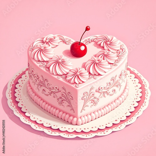 Retro heart-shaped Valentine's cake with buttercream roses and cherry on top. Vintage 1950s digital illustration in flat style with halftone texture and warm romantic atmosphere