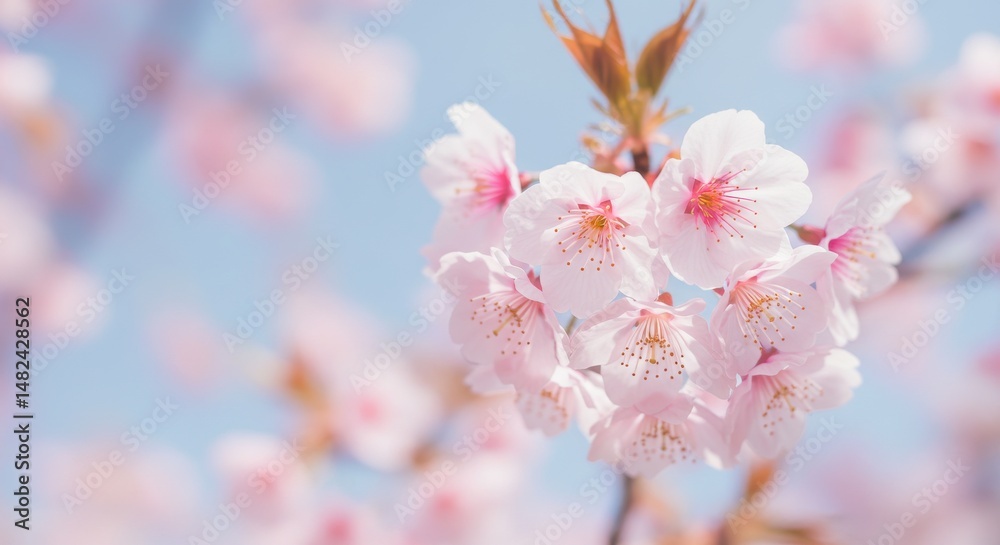 Naklejka premium Delicate cherry blossoms in full bloom against a clear blue sky, evoking spring