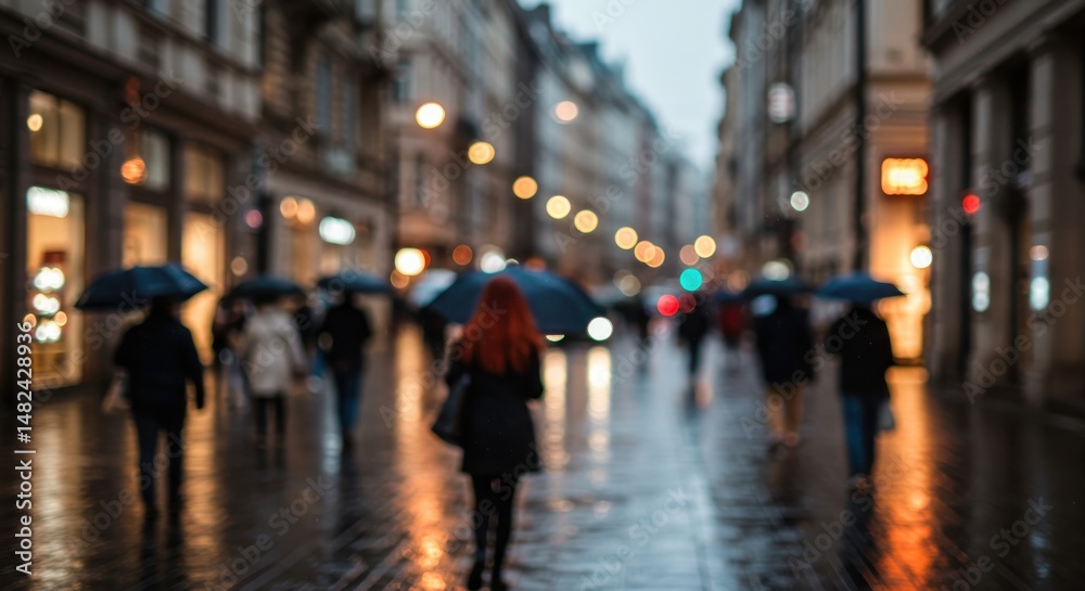 A rainy city street scene with pedestrians under umbrellas, evening glow A rainy city street scene with pedestrians under umbrellas, evening glow