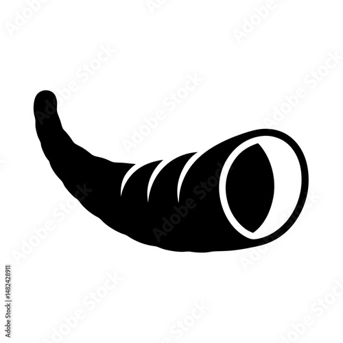 Black and white minimalist illustration of a cornucopia, horn of plenty