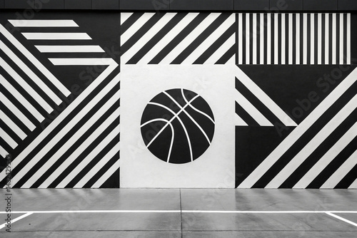 Fototapeta Naklejka Na Ścianę i Meble -  Striking Black White Geometric Basketball Court Mural Design Urban Street Art Modern Lines Abstract Patterns