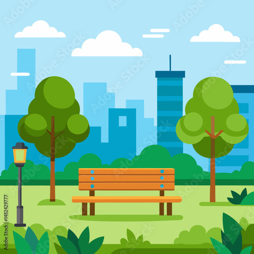 Summer city park with benches and trees landscape vector background.