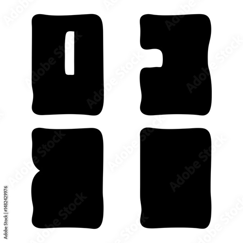 Four irregularly shaped black squares on a white background with variations