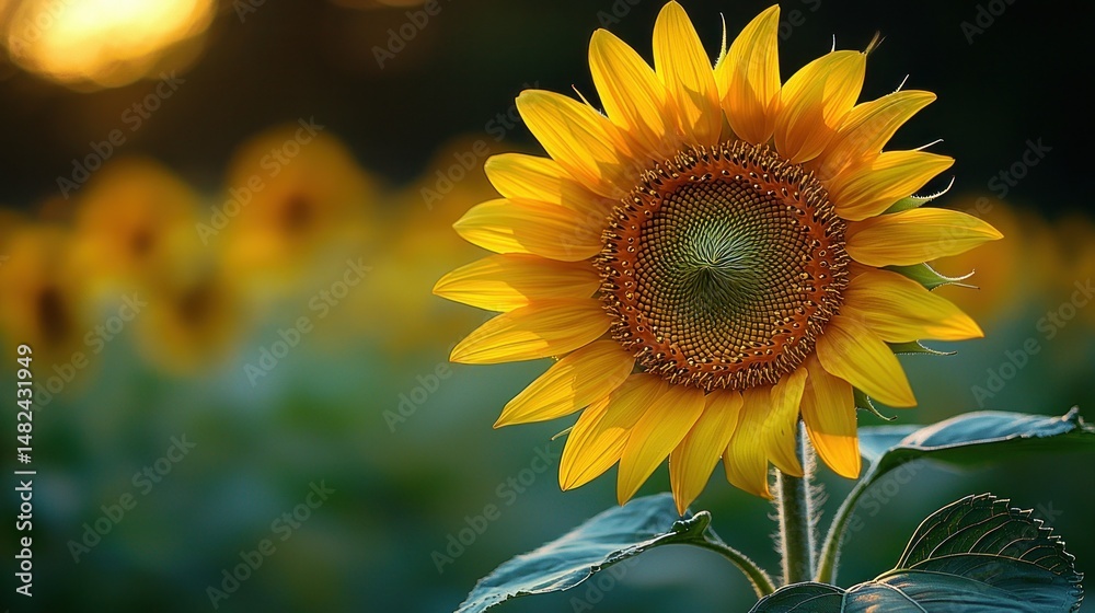 Fototapeta premium Sunflower. Bright yellow blooms bask in golden light