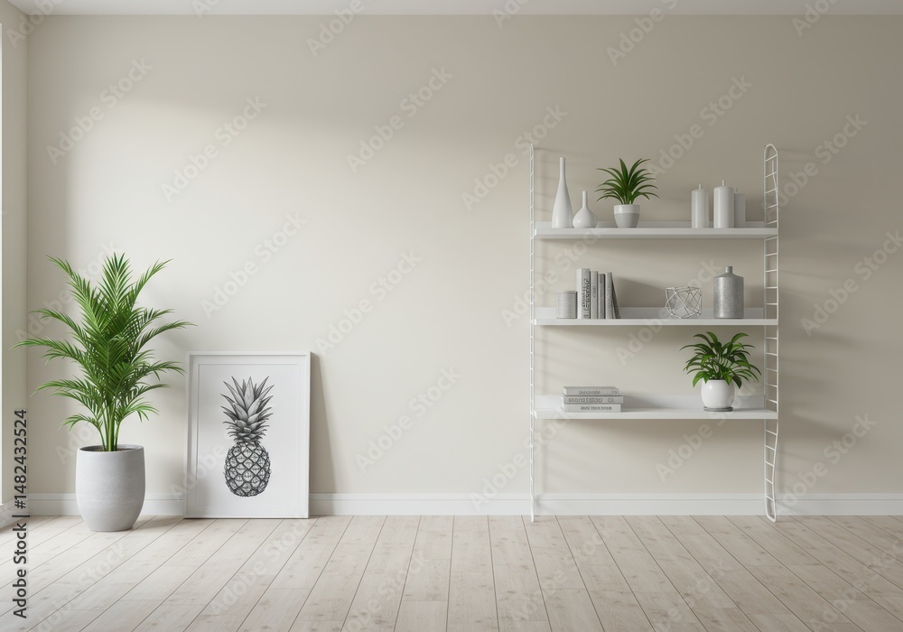 Fototapeta premium A bright room features a potted plant and a framed pineapple print near a white shelf