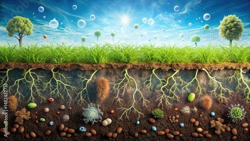 Microbial network beneath soil surface, soil health