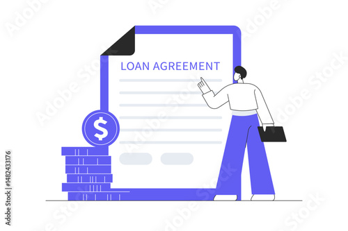 Businessman with loan agreement and money symbolizing financial support or mortgage. Flat Cartoon Vector Illustration, icon. Stylish abstract design landing page