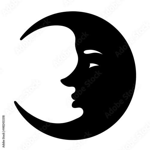 Crescent Moon with a Human Face Silhouette Smiling in the Night Sky
