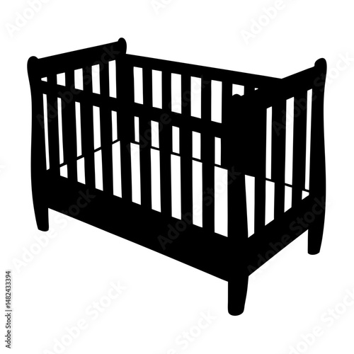 Black silhouette illustration of a classic wooden baby crib, simple and elegant