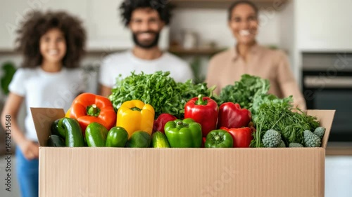 Fresh vegetables in cardboard box, featuring vibrant green and red produce, promote healthy lifestyle and community nutrition, showcasing joy of cooking and wellness.