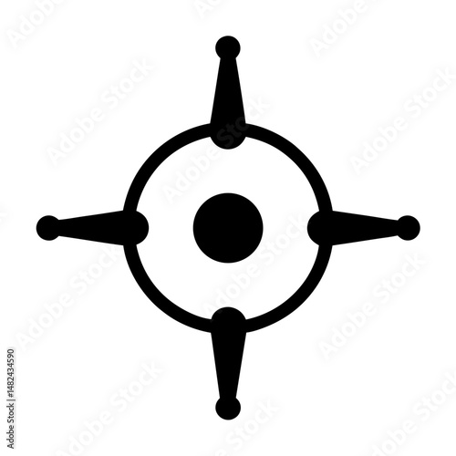 Black circular target symbol with directional arms pointing outwards, minimalist design